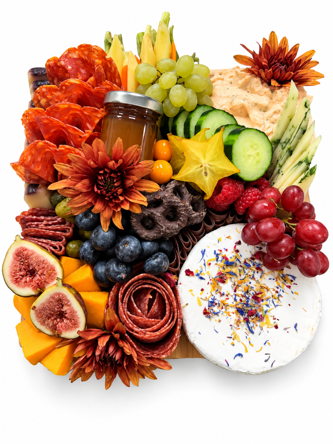 7 person gourmet charcuterie board with artisan cheese, cured meats, fresh fruit and vegetables
